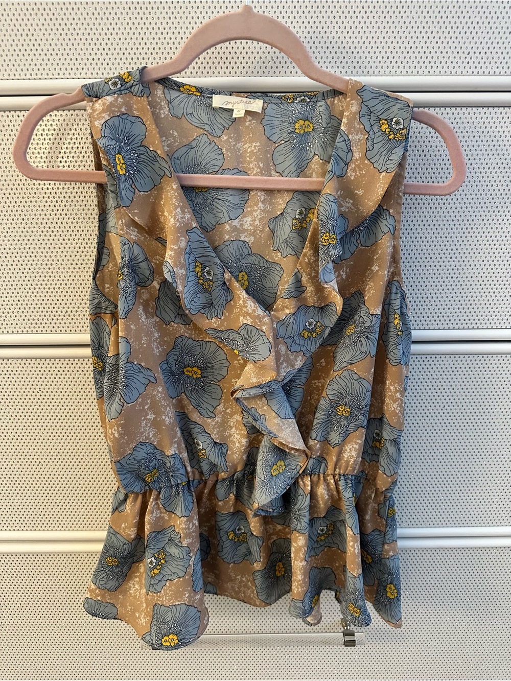 Mystree Tan Floral Ruffle Camisole with Blue Flowers